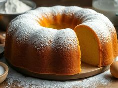 a bundt cake with powdered sugar on top and one slice cut from it