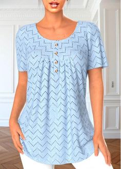 Color:Light Blue;Size:S;Size:M;Size:L;Size:XXL;Package Contents:1 X Blouse;Occasion:Other;Style:Casual; Round Neck Blouse, Lace Tunic Tops, Light Blue Shorts, Chic Blouses, Lace Tunic, Blue Jumpsuits, Lovely Tops, Matching Outfits, Short Sleeve Blouse