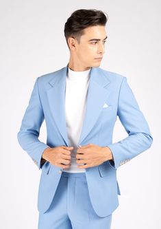 The Ellis Icy Blue Stretch Suit is a fashionable and welcoming piece crafted from a soft powdery blue stretch fabric. This stylish custom made suit provides a bright and clean look, sure to make a statement. Blue Fitted Suit With Notch Lapel, Light Blue Semi-formal Suit With Notch Lapel, Blue Slim Fit Suit With Pressed Crease, Light Blue Notch Lapel Suits For Work, Blue Slim Fit Suits With Pressed Crease, Slim Fit Blue Suit With Pressed Crease, Light Blue Slim Fit Business Suit, Light Blue Notch Lapel Suit For Spring, Fitted Single Button Blue Suit