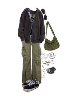 Grunge Basics Outfits, Grunge Outfits Girls, Earth Core, Outfits Sweatpants, Grunge Fits, Olive Jacket, 2000 Fashion, Earthy Outfits