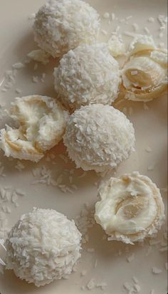 coconut covered donuts are sitting on a plate