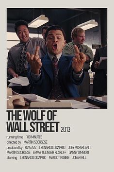 the wolf of wall street 2013 movie poster with three men in an office setting and one pointing at something