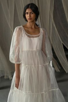 Shop for Zoon Off White Silk Organza Sheer Dress for Women Online at Aza Fashions Ethereal Fitted Dresses With Sheer Sleeves, White Silk Chiffon Party Dress, Ethereal Fitted Organza Dresses, Cream Dress With Sheer Bodice, Delicate Sheer White Dresses, Sheer Cream Silk Dress, Cream Silk Dress With Sheer Details, Cream Organza Dress For Summer, Summer Organza Dress With Overlay