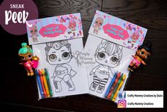 two coloring pages with littlest pet shop dolls next to them