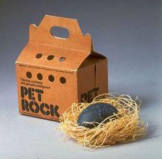 a cardboard box with a blue egg in it sitting next to a pile of straw