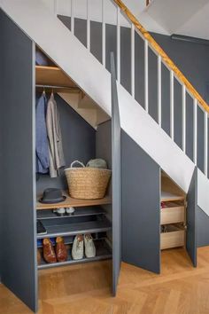 an open closet under the stairs in a house