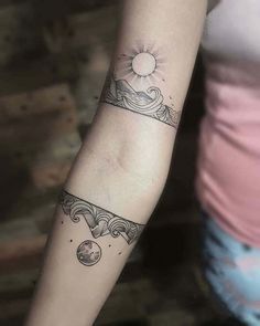 Unique & Cute Travel Tattoo Ideas For Women Two Arm Tattoo, Day And Night Tattoo Sleeve, Night And Day Best Friend Tattoos, Cloud Arm Band Tattoo, Feminine Linework Tattoo, Banding Tattoos, Sun Armband Tattoo, Night Day Tattoo, Sun Arm Band Tattoo