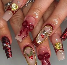 Get into the holiday spirit with these stunning Christmas-themed nails! Featuring deep red bows, golden heart accents, glossy finishes, and intricate cherry holly details, this nail art is perfect for a festive glam look. Ideal for adding a touch of elegance and cheer to your holiday celebrations! 🎄✨

Photo Credits to its respective owner 💗

Christmas Nails, Winter Nails, Xmas Nails #Christmasnails #winternails #Xmasnails #christmassimplenails Maroon Nails, Unique Acrylic Nails, Bling Acrylic Nails, Nail Jewelry, Funky Nails, Pretty Acrylic Nails, Best Acrylic Nails