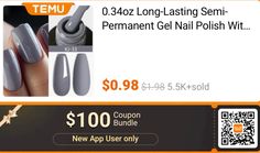 0.34oz Long-Lasting Semi-Permanent Gel Nail Polish With Soak Off UV LED Technology For Nail Art Design At Home, For Daily Use. #nails #nailpolish #gray Nails Nailpolish, Semi Permanent, Uv Led