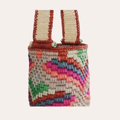 Multicolor Woven Rectangular Bucket Bag, Multicolor Handwoven Bucket Bag For Summer, Summer Handwoven Multicolor Bucket Bag, Multicolor Bohemian Bucket Bag For Shopping, Artisan Multicolor Bucket Bag For Daily Use, Multicolor Bucket Bag With Braided Handles, Artisan Woven Bucket Bag, Artisan Multicolor Bucket Straw Bag, Artisan Multicolor Straw Bucket Bag