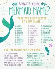 a poster with mermaid names on it