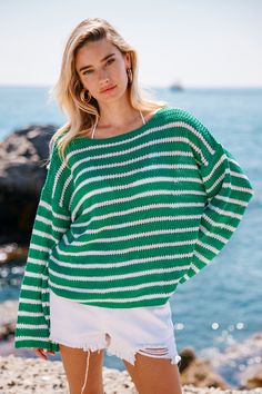 Meet the Green & White Stripe Boat Neck Long Sleeve Crochet Sweater—your new favorite for cozying up. With its playful stripes and crochet details, this sweater takes sweater weather from basic to brilliant. Product code: CAA06A4H004QC Features:  Crochet Boat neckline Drop shoulder Long sleeves Pattern: Stripes Wash Method: Regular Wash Material: 100%ACRYLIC. Crochet Boat, Long Sleeve Crochet, Boat Neck Long Sleeve, Bow Sweater, Sleeve Crochet, Long Sleeve Knit Sweaters, Womens Crewneck, Crochet Details, Boat Neckline