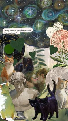 a collage of cats and other things in the sky with stars, clouds, and trees