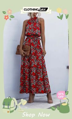 Vacation Halter Printed Sleeveless Dress Flowy Sleeveless Casual Dress For Spring, Red Sleeveless Dress For Summer Day Out, Casual Floral Print Maxi Sleeveless Dress, Chic Non-stretch Sleeveless Sundress, Red Floral Print Sleeveless Dress For Spring, Casual Spring Sleeveless Dress, Casual Red Sleeveless Mini Dress, Casual Sleeveless Dress For Spring, Chic Sleeveless Non-stretch Sundress