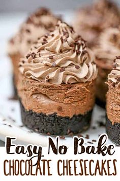 easy no bake chocolate cheesecakes on a white plate with text overlay