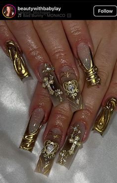 Nail Idea Long Square, Crystal Nail Designs Short Nails, Complex Nails Design, Red Gold Nails Acrylic, I <3 Me Nails, Gold Nails Extra, Exaggerated Nails, Nails Design Baddie, Vintage Style Nails