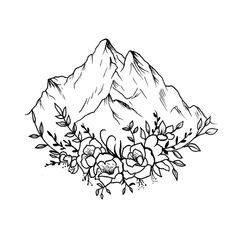 a black and white drawing of mountains with flowers