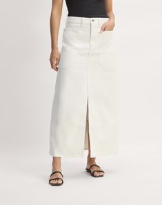 This piece features a high rise, no stretch, A-line silhouette, and maxi length. Spring Relaxed Maxi Skirt, Spring Wide-leg Maxi Skirt, White Full-length Skirt For Spring, White Full Length Skirt For Spring, Spring Workwear Skirt With Side Slits, Summer Workwear Full-length Maxi Skirt, Summer Workwear Maxi Skirt, Relaxed Maxi Skirt With Side Slits, Summer Full Length Maxi Skirt For Workwear