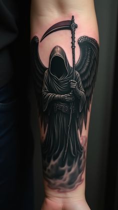 An Angel of Death tattoo is a profound expression of life’s finality and can be a memorial or a philosophical statement. It’s typically dark and imposing, perfect for an impactful visual on the forearm or back. Dark Cover Up Tattoos Men, Mortuary Tattoo, Tattoo Cover Up Ideas For Men Arm, Paradoxical Tattoo, Scary Tattoos For Men, Thanatos Tattoo, Skeleton Sleeve Tattoo, Angel Vs Demon Tattoo, Charon Tattoo