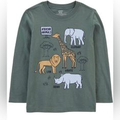 Carter’s Toddler Safari Animals Graphic Long Sleeve Tee - Green - 2t Long Sleeves Ribbed Neckline Brand New With Tags, Still In Original Shipping Packaging Fabric & Care: 100% Cotton Lightweight Jersey Imported Machine Washable Playful Green Long Sleeve T-shirt, Casual Green Dinosaur Print Tops, Casual Green Tops With Dinosaur Print, Cute Dinosaur Print Cotton Top, Cute Cotton Dinosaur Print Top, Long Sleeve Tops With Dinosaur Print For Playtime, Cotton Top With Dinosaur Print For Fall, Casual Dinosaur Print Tops For Fall, Cotton Tops With Dinosaur Print For Fall