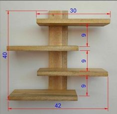 three wooden shelves are shown with measurements for each shelf in the same area, and one is