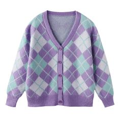 💜 This purple argyle print cardigan has a fuzzy faux mohair construction, ribbed trim, and button front closures Free Size:Bust: 112cm/ 44.1 in, Length: 65cm/ 25.6 in, Sleeves: 52cm/ 20.5 inMaterial: Acrylic Argyle Cardigan, Argyle Print, Cardigan Knitted, Fall Cardigans, Pullover Mode, Loose Cardigan, Soft Girl Aesthetic, Knitting Women Cardigan, Knitted Coat