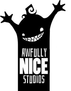 the logo for awfully nice studios, which features an evil face and arms outstretched