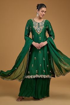 Mehendi green kurta with beads, sequins, dabka, gota patti and dori embroidered yoke in floral motifs. Paired with solid sharara and an embroidered dupatta. - Aza Fashions Fitted Green Chinon Sets, Elegant Green Sharara With Traditional Drape, Elegant Green Sharara For Diwali, Elegant Green Festive Sharara, Green Kurta With Dabka Work In Chinon, Green Chinon Kurta With Dabka Work, Elegant Semi-stitched Green Sharara, Fitted Green Chinon Palazzo Set, Green Traditional Wear With Zari Work In Chinon