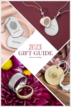 three different pictures with the words, gift guide and two rings