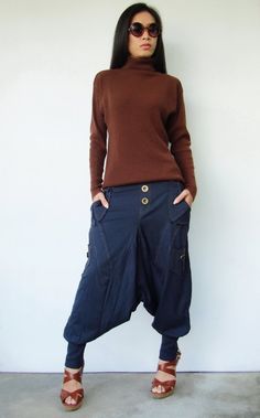 NO.95    Navy Blue Cotton Jersey Casual Harem by JoozieCotton, $45.00 Blue Full-length Cargo Pants For Fall, Blue Cargo Pocket Bottoms For Fall, Baggy Denim Blue Bottoms For Winter, Blue Cargo Bottoms For Fall, Denim Blue Cargo Pants For Fall, Stretch Blue Pants With Cargo Pockets, Blue Stretch Pants With Cargo Pockets, Fall Blue Bottoms With Cargo Pockets, Blue Cargo Style Pants For Fall