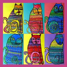 four different colored cats are depicted in this art project