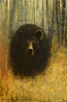 a painting of a bear in the middle of a forest with tall grass and trees