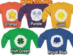 four different colored sweatshirts that say more colors, orange, purple, and irish green