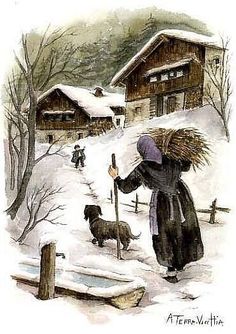 a painting of a woman walking in the snow with her dog and house behind her