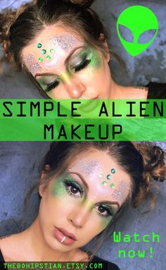 Womens Alien Costume Makeup, Women’s Space Alien Costume, Area 51 Themed Party Outfit, Alien Diy Makeup, Alien Dress Up Ideas, Alien Female Costume, Martian Makeup Halloween, Alien Headpiece Diy, Alien Cowgirl Makeup