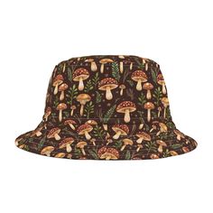 Important Note: Order before November 21st to arrive in time for Christmas! This bucket hat features a fun mushroom and leaves pattern inspired by cottagecore browns. Made from soft and durable polyester, our Bucket Hats make for some delightful cozy style.    Easy to wash and clean, these Mushroom Bucket Hats are simply a great style choice. 🌙 Materials: 100% Polyester 🌙 Choose between 2 Sizes. 🌙 Choose between White or Black Stitches. 🌙 Made in the USA! 🌙 Design by CozyStarlight. Producti Fall Bucket Hat, Mushroom Bucket Hat, Hat Cottagecore, Cottagecore Dark, Cottagecore Mushroom, Mushroom Pattern, Brown Mushroom, Usa Design, Bucket Hats