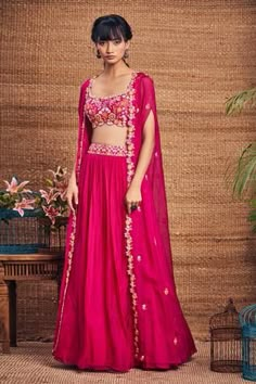 Shop for Aneesh Agarwaal Pink Organza Cape And Skirt Set for Women Online at Aza Fashions Cape Skirt Dress, Crop Top Work Designs, Cape Style Dresses Indian, Lehenga Cape Style, Cape Set Indian, Gown With Cape Indian, Cape Lehenga Indian Weddings, Pink Top And Skirt Outfit, Pink Skirt Outfit Indian