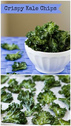 two pictures show the process of making crispy kale chips