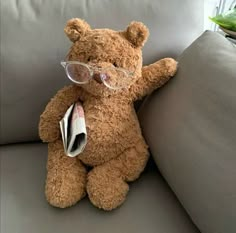 a brown teddy bear wearing glasses and reading a book sitting on a gray couch next to a plant