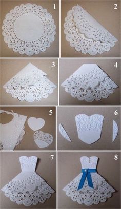 the instructions to make a dress out of paper with lace and ribbon on it's neck