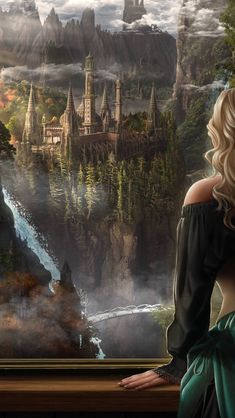 a woman looking out at a castle in the sky with mountains and clouds behind her