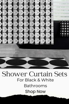 a bathroom with black and white tiles on the floor, shower curtain sets for black and white bathrooms shop now