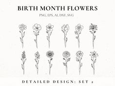 the birth month flowers are shown in black and white