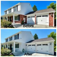 before and after photos of a house with white siding, red brick walls and two garage doors