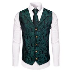 Black Green Paisley Wedding Waistcoat Silk Vest Necktie Set Paisley Suit, Vest Tuxedo, Paisley Wedding, Floral Suit, Wedding Waistcoats, Mens Waistcoat, Silk Vest, Mens Suit Vest, Necktie Set