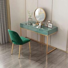 a green desk with a mirror and chair in front of the wall, next to a window