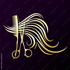 a pair of scissors and combs on a purple background with gold lines in the shape of waves