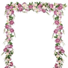 a floral frame with pink flowers and greenery on the edges, isolated against a white background