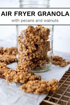 A jar filled with granola clusters. Airfryer Granola, Oat Clusters Recipe, Air Fryer Granola, Granola Clusters Recipe, Roasted Oats, Balanced Dinner Ideas, Muesli Recipe, Easy Homemade Desserts, Balanced Dinner