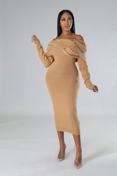 Stretch dress Off shoulder Long sleeves Knit No closure 60% cotton 40% acrylic Hand wash cold Model is wearing a small MODEL STATS Height: 5.6" Bust:32" / Waist:25" / Hips:41" **Ships On Or Before 11/14/22** Nude Color Dress, Dress Off Shoulder Long, Modesty Outfits, Classy Winter Outfits, Dresses Casual Fall, Evening Gowns Elegant, No Closure, Winter Outfit Inspiration, Fashionista Clothes